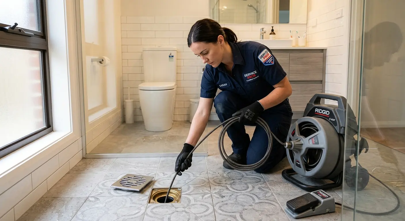 Technician clearing a bathroom floor drain for Clogged Drain Repair in Harvey